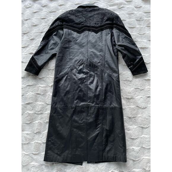 š„Vintage 80s Winlit Baroque Paisley Leather Long Duster Coat Gothic Steampunk M - Picture 5 of 16